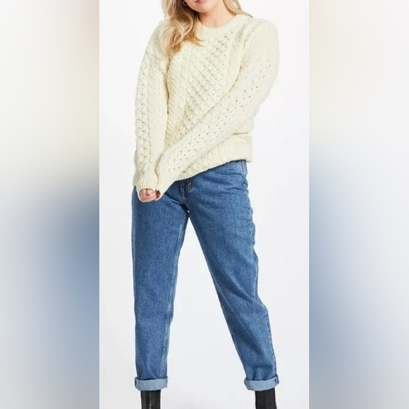 Aran Island Knitwear Ivory Cable Knit Merino Wool Crewneck Sweater Size Large - Picture 8 of 9